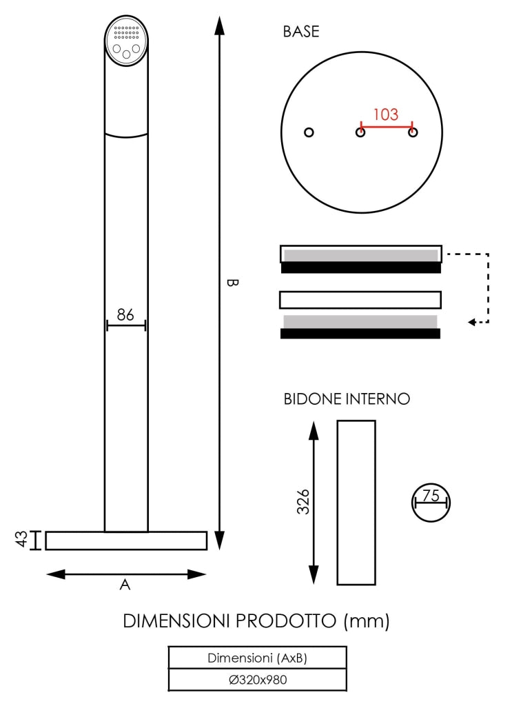 Posacenere a Colonna Ø32 cm in Metallo Nero Opaco 1,9L per Esterno