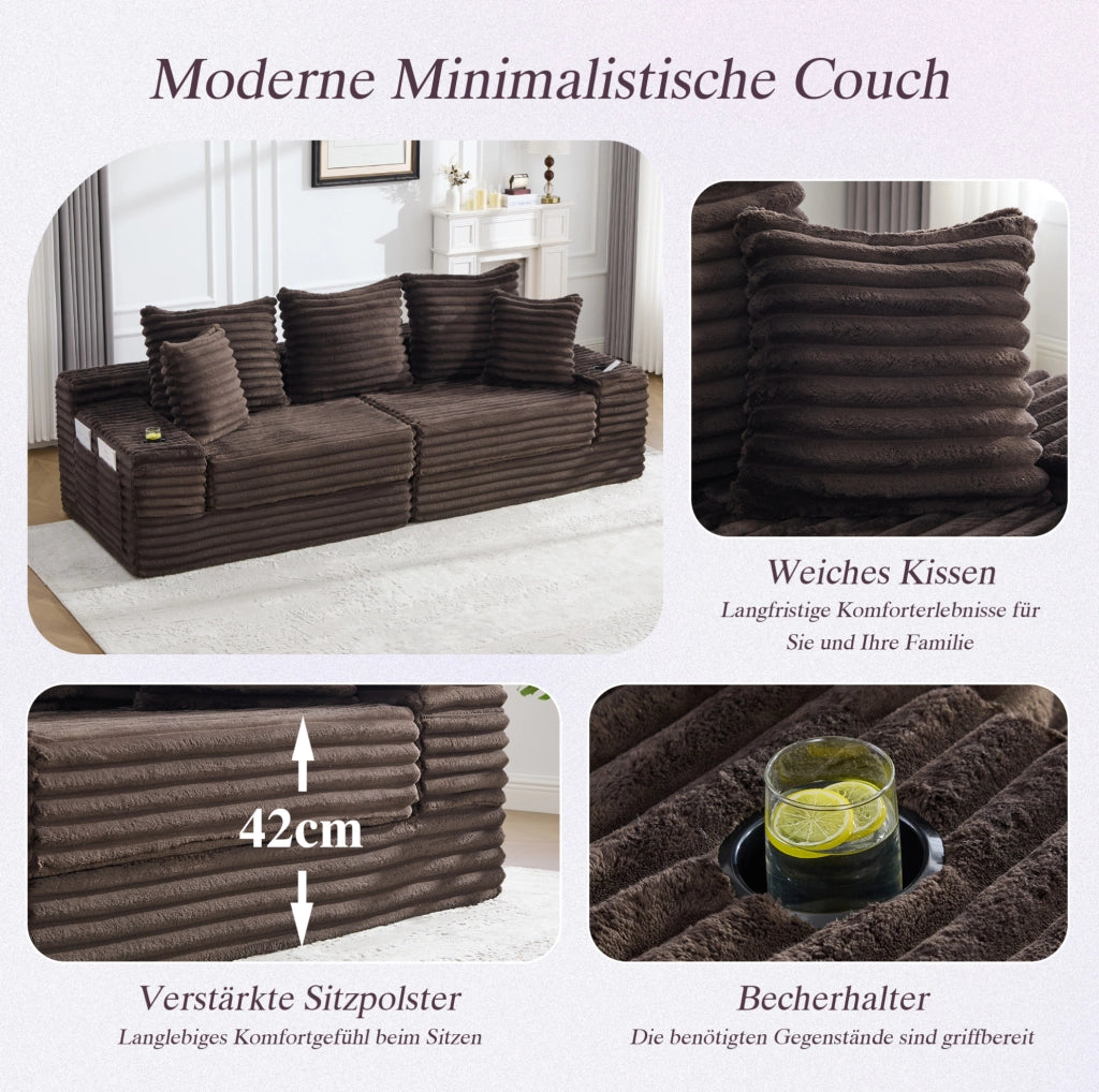 Divano letto modulabile in velluto a coste marrone caffè con tasche e portabicchieri