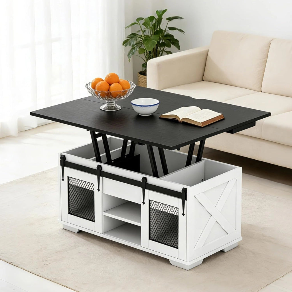 Tavolino da Caffè Sollevabile, Tavolini Salotto Moderno con 3 Vani Nascosti, 2 Ante Scorrevoli, Piano Sollevabile, Carico 75 KG, Tavolo per Salotto, Ufficio, 105 X 108 X 66,5 CM (Nero)