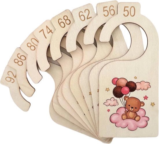 Divisori di legno per bambini con design di orsacchiotto blu e rosa, misuratori per armadio da bambino, divisore per armadio per neonati, in misure 50-92 (rosa)