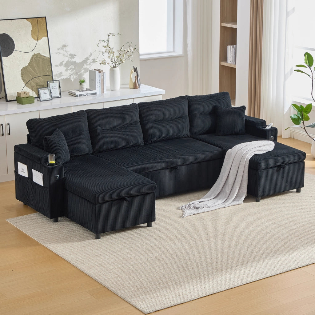 Divano a 4 posti con doppia chaise longue; contenitore; portabicchieri e USB Type-C; nero