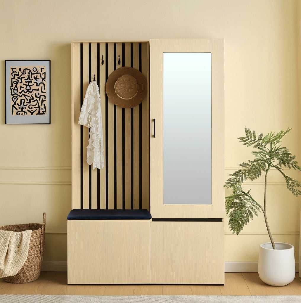Set guardaroba con specchio e panca; asta estraibile e vano scarpe; MDF effetto legno