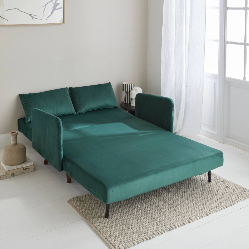 Divano letto in velluto con gambe in legno, 2 posti, verde