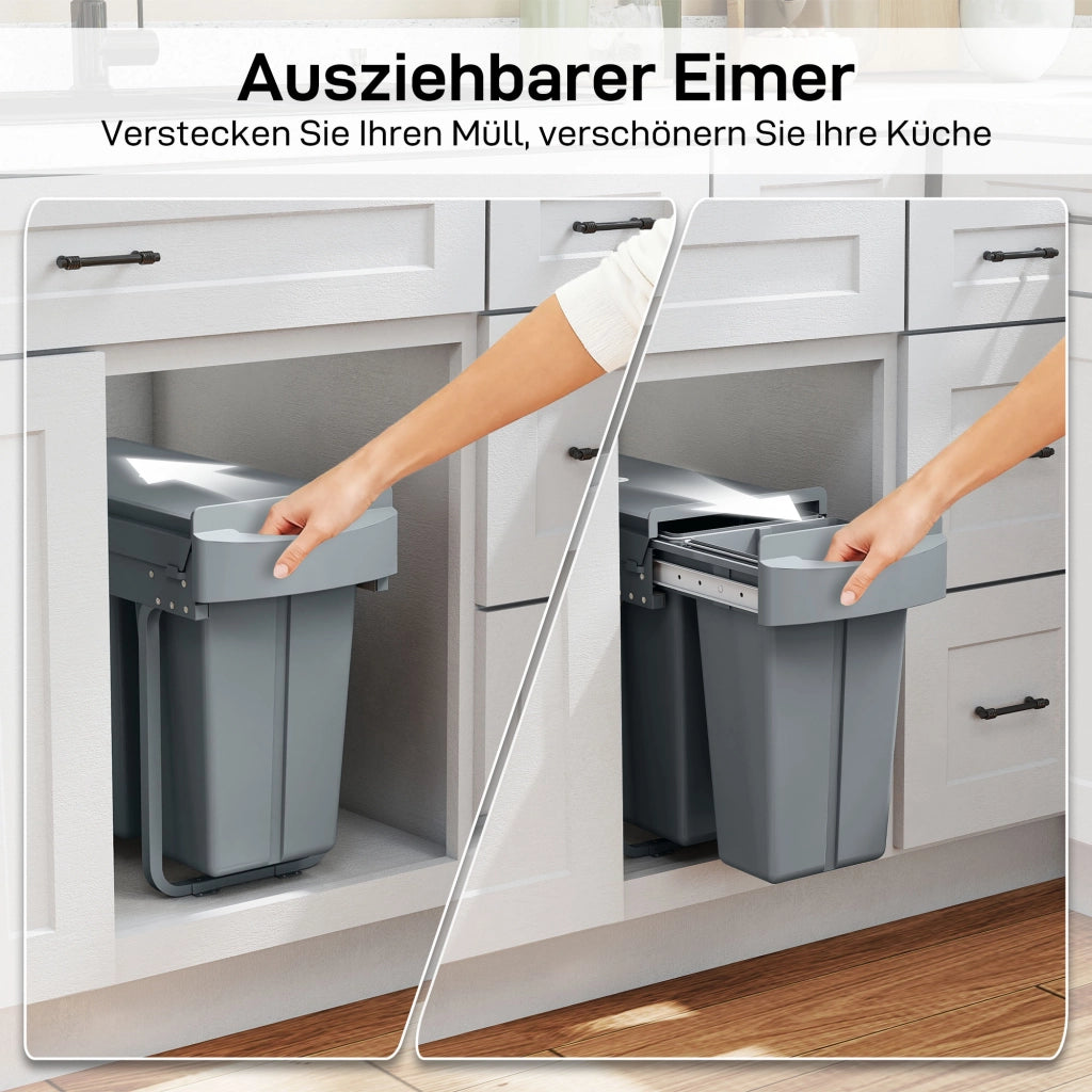 Bidone per rifiuti estraibile con 2 contenitori rimovibili ¨C zephmum ¨C 30 litri, metallo, grigio
