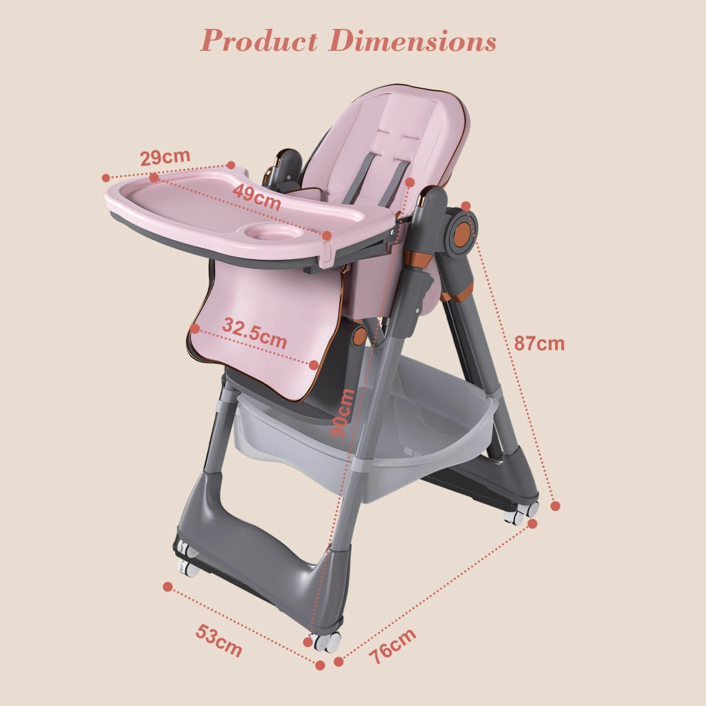 Seggiolone pappa pieghevole regolabile con vassoio e ruote bloccabili per bambini polipropilene e acciaio rosa 53×31×52 cm