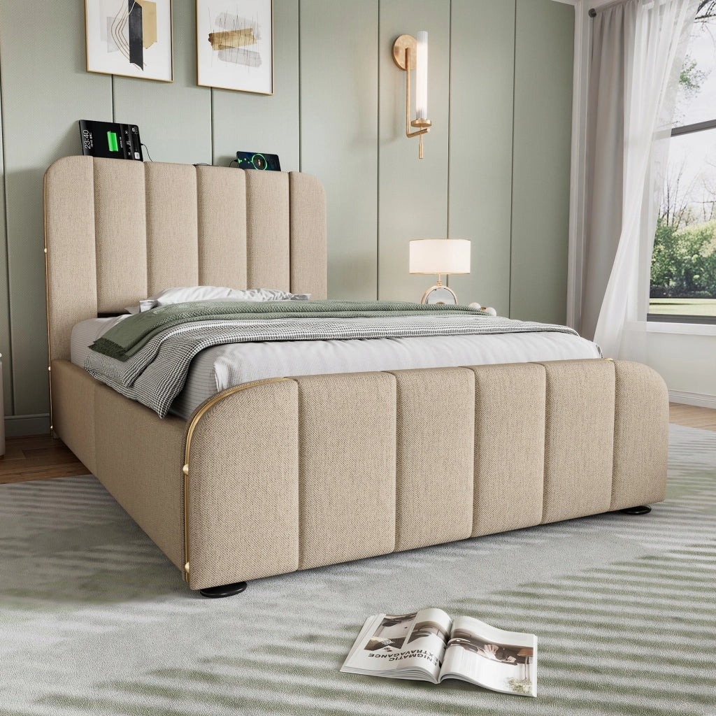 Letto imbottito 90x200 - Xylo - Beige idraulico con materasso