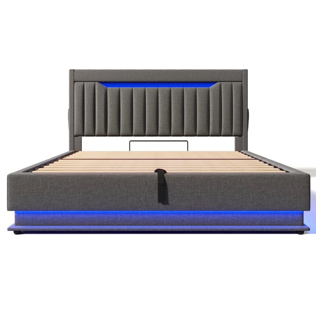 Letti contenitori 140x190 cm con LED e ricarica; spazio contenitore; lino; grigio (Senza materasso)