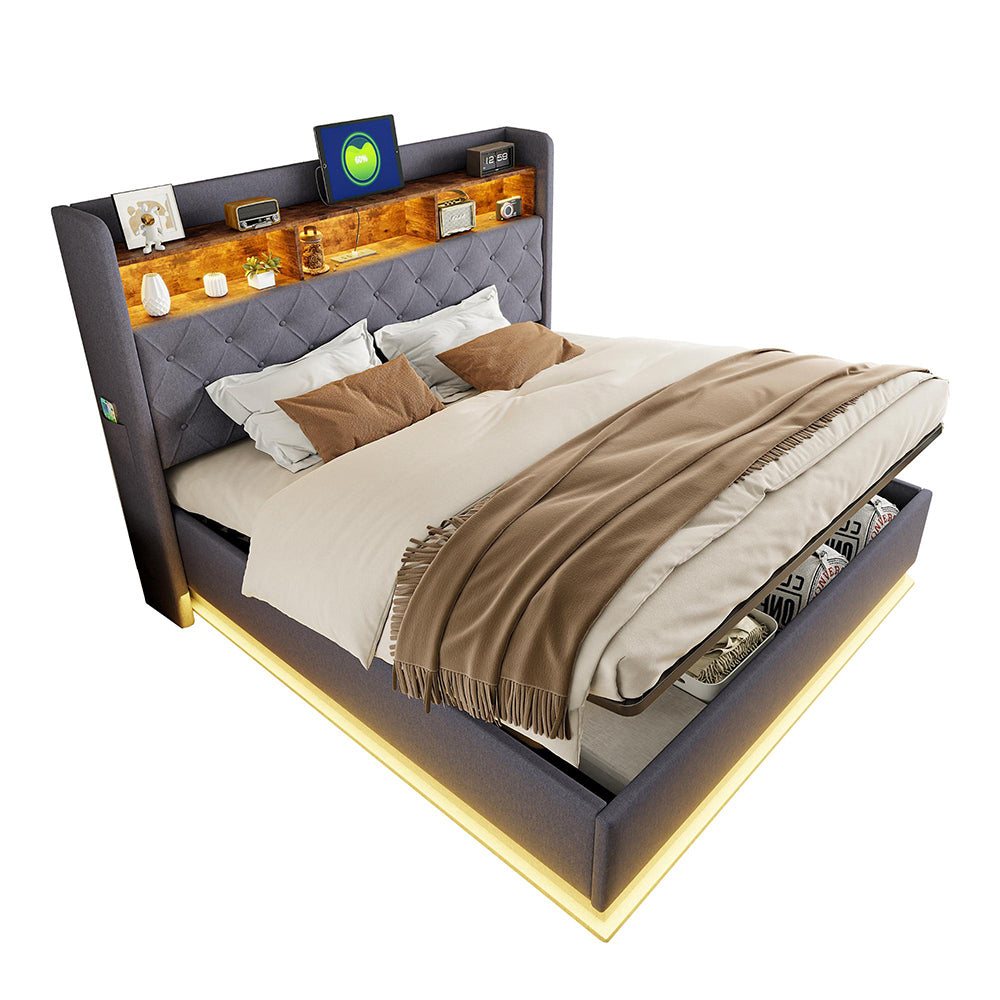 Letto matrimoniale-Xylo-180x200 cm-LED, USB, idraulico, lino, grigio