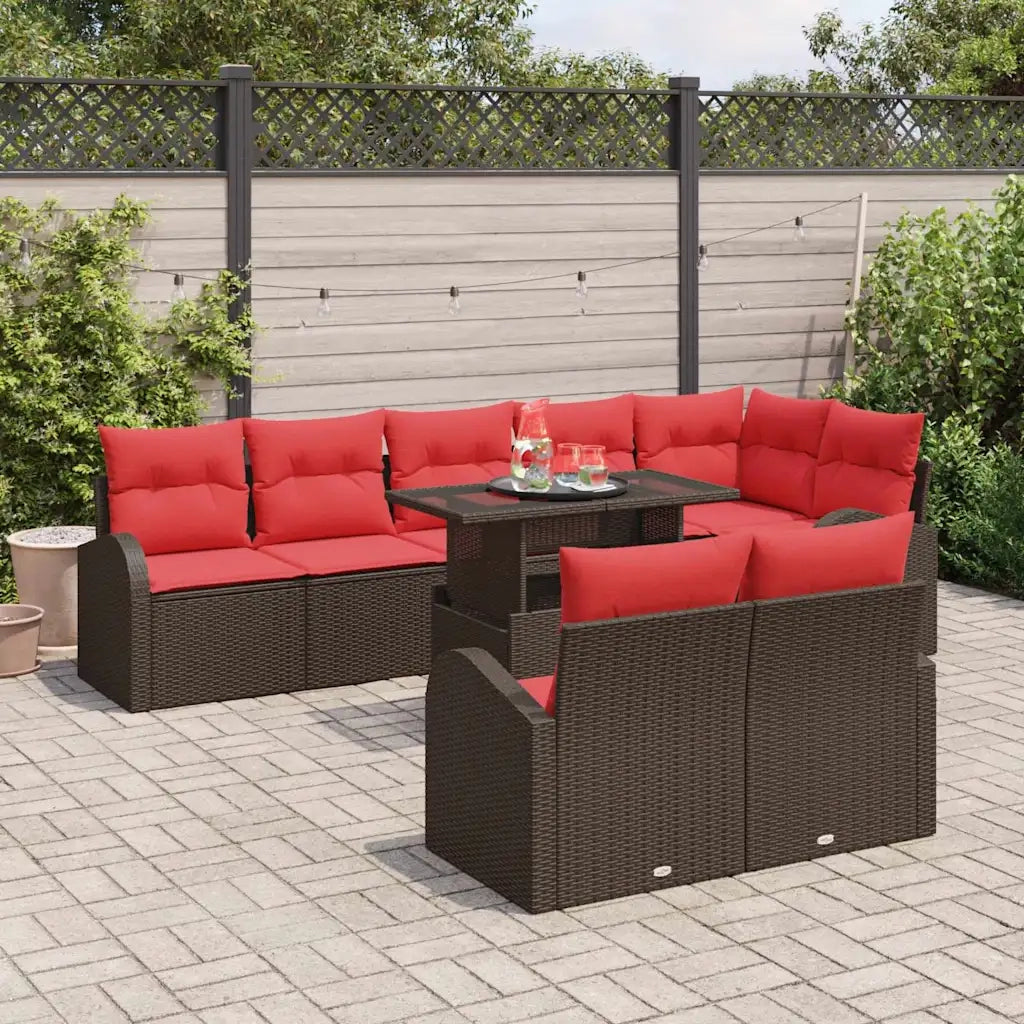 Set Divano da Giardino 9 pcs Marrone e Rosso polyrattan
