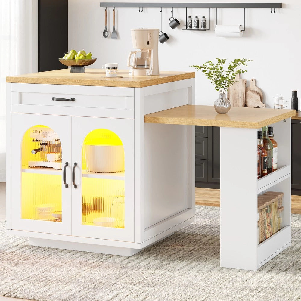 Isola Cucina Allungabile con LED ¨C Xylo ¨C MDF, Cassetti, Ante in Vetro