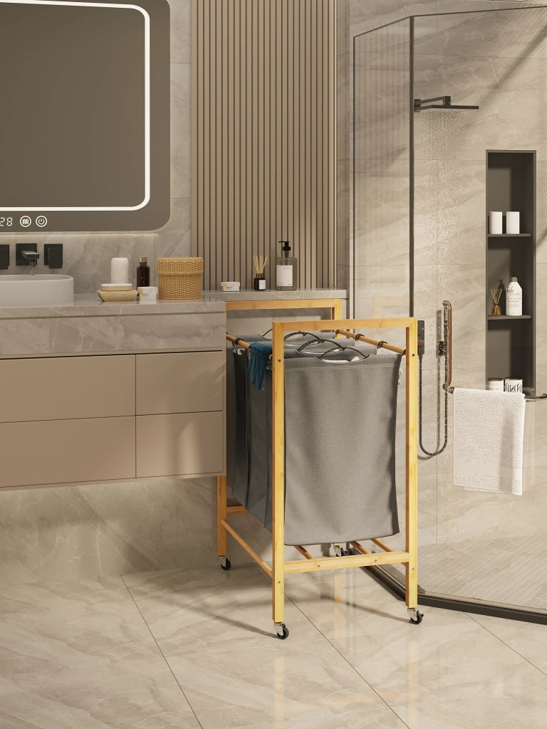 CESTO BIANCHERIA 3 SCOMPARTI 90 L Bambù Antracite/Naturale con ruote