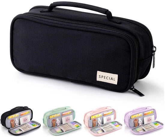 Etui con 3 compartimenti, grande capacità e maniglia per scuola, ufficio, adolescenti e adulti (nero)