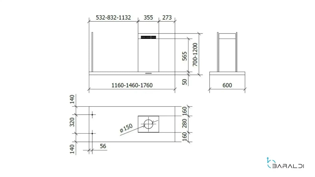 CAPPA ELEA ISOLA cm 176x60 camino destra -  Inox - 900 m3/h