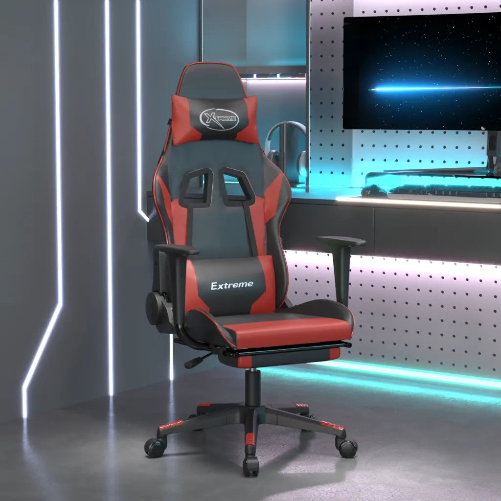 Sedia Gaming | Sedia da e-sports Massaggio Poggiapiedi Nero e Rosso Vino Similpelle