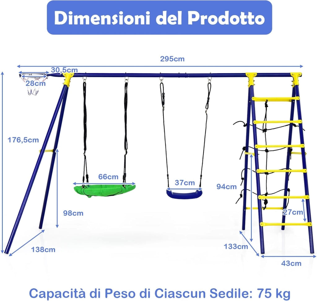5 in 1 Set Altalena da Giardino per Bambini, con 2 Altalene, 1 Canestro da Basket, 1 Rete di Arrampicata, 1 Scala di Arrampicata, Ideale per Giardino Cordile e Parco Giochi