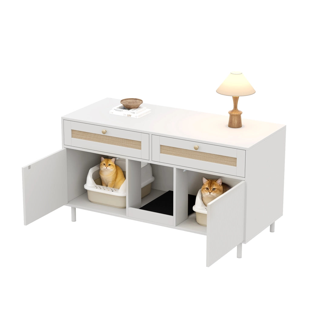 Mobile porta lettiera per gatti con doppia anta, cassetto, tappetino raccogli-sabbia, MDF bianco, 120x50x65 cm
