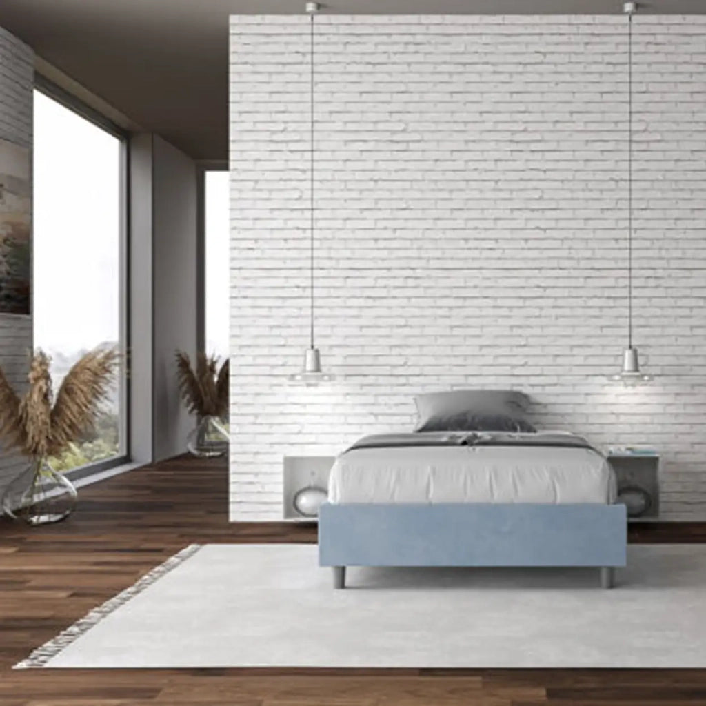 Letto una piazza e mezza senza rete imbottito 120x190 microfibra azzurro Azelia