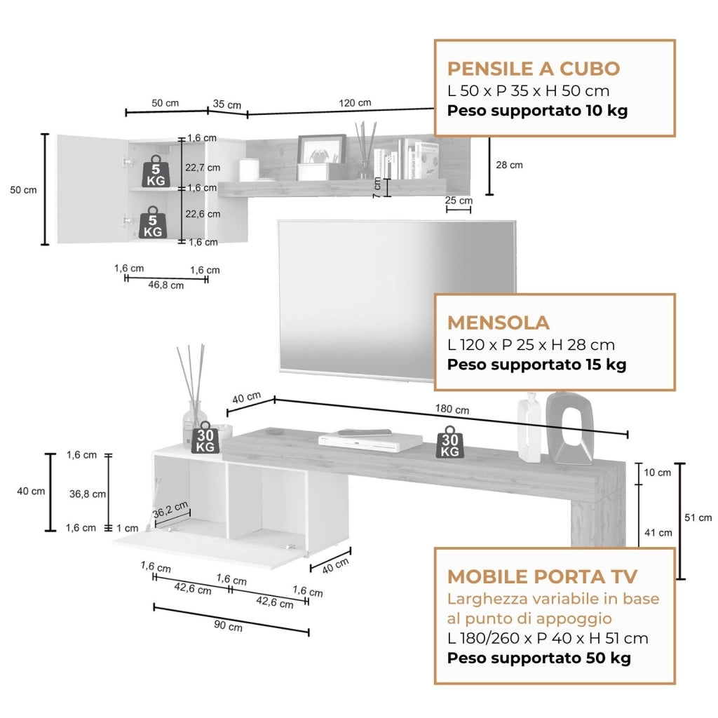 WHOUS Parete attrezzata Chronos set soggiorno tortora opaco e rovere 180/260x40 cm