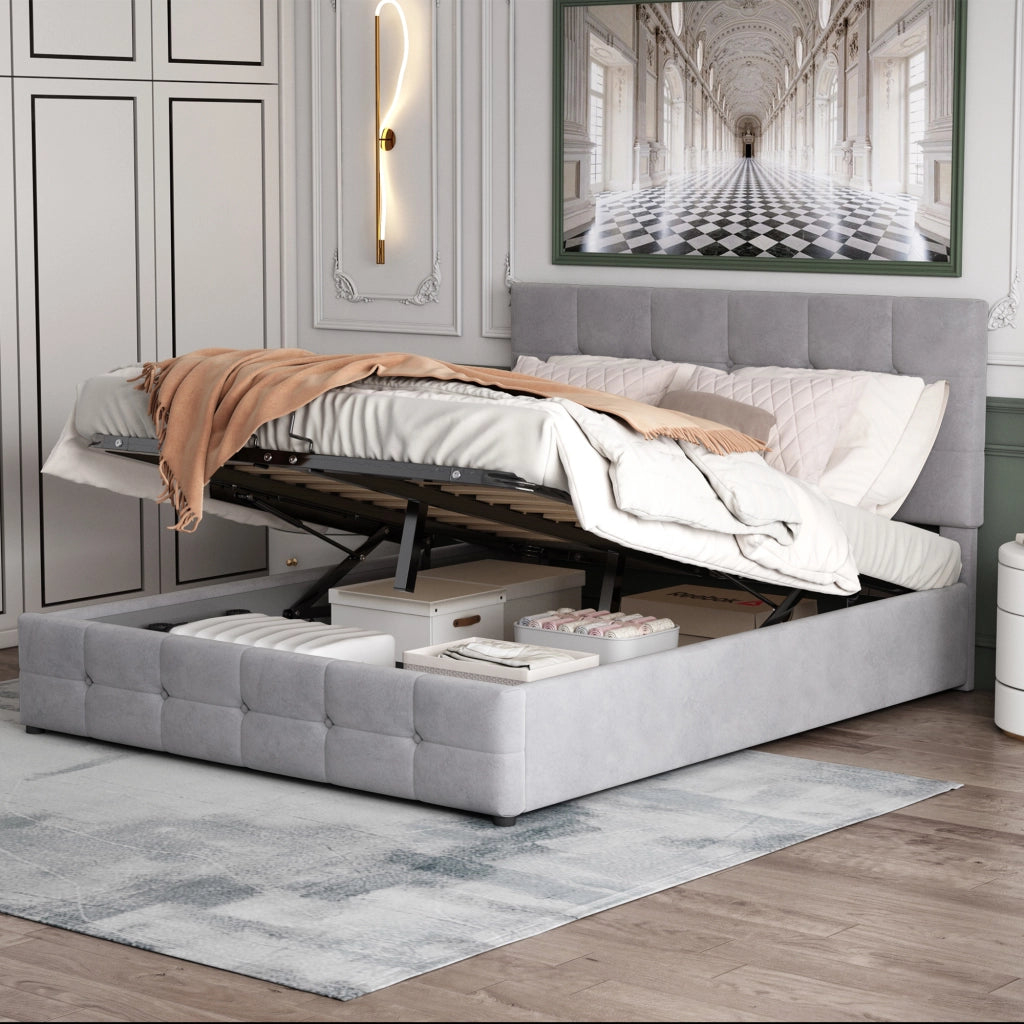 LETTO Contenitore 140x200 cm in Velluto Grigio con rete a doghe