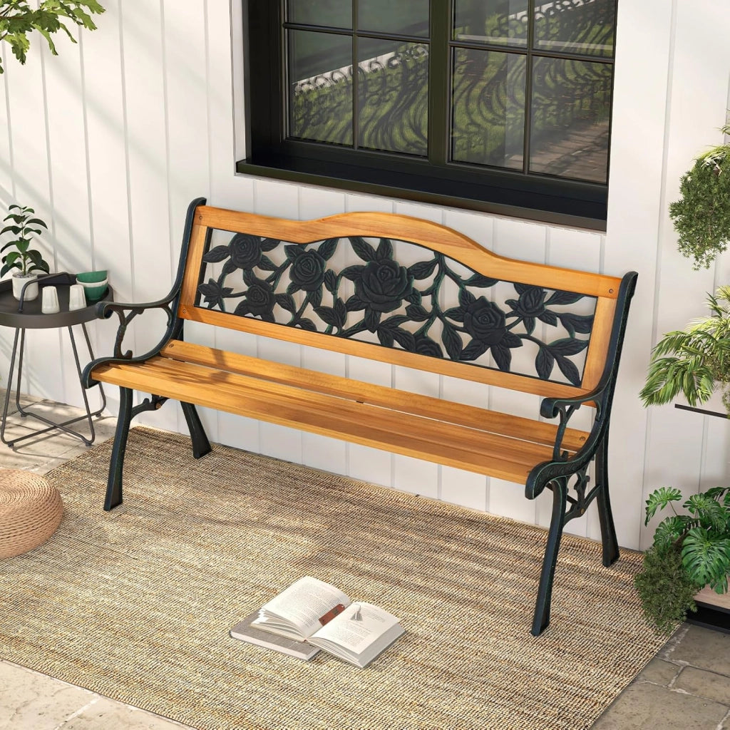 Panca da giardino a 2 posti, panca da parco in legno di pino, sedia da parco con schienale, carico di 210 kg, telaio in metallo, per balcone, terrazza (modello 3, 126 x 52 x 77 cm)