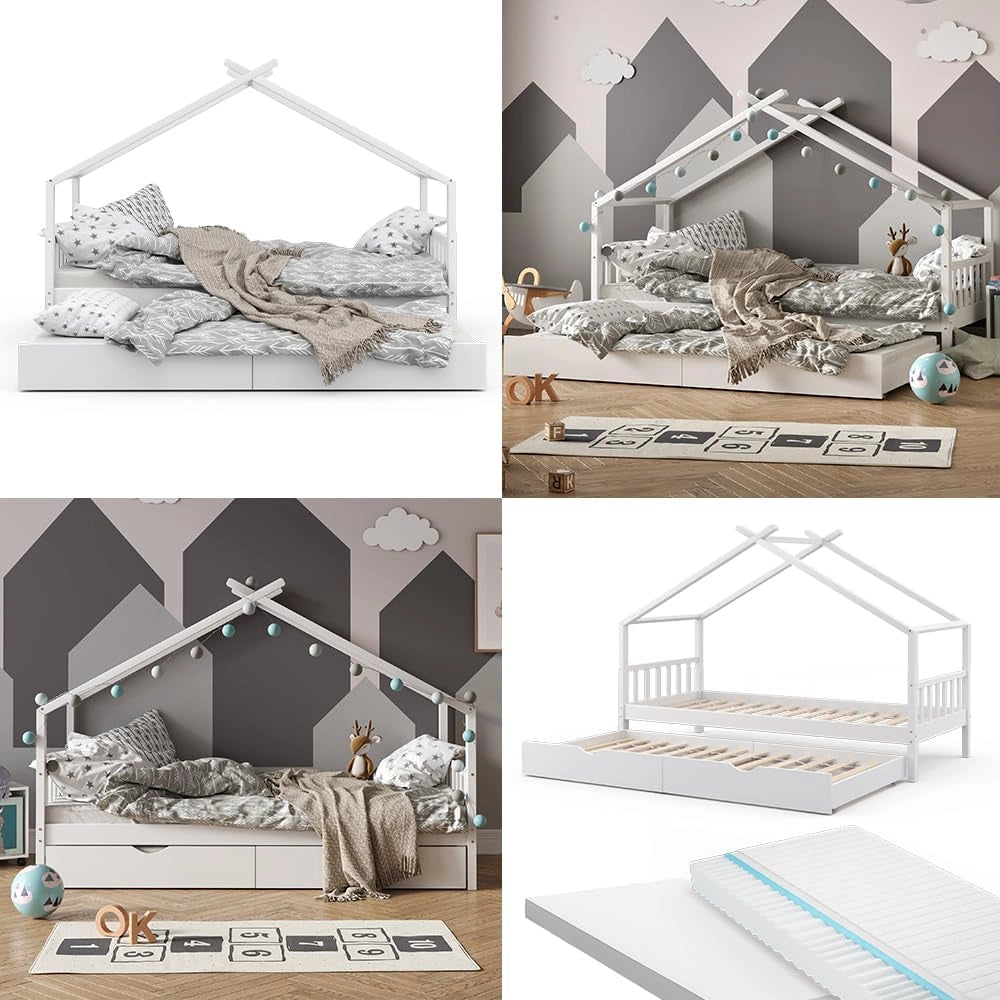 Letto montessori bambini Design, Bianco, 90x200 cm con letto per ospiti e 2 materassi, con sponda anticaduta e rete a doghe per un sonno sicuro