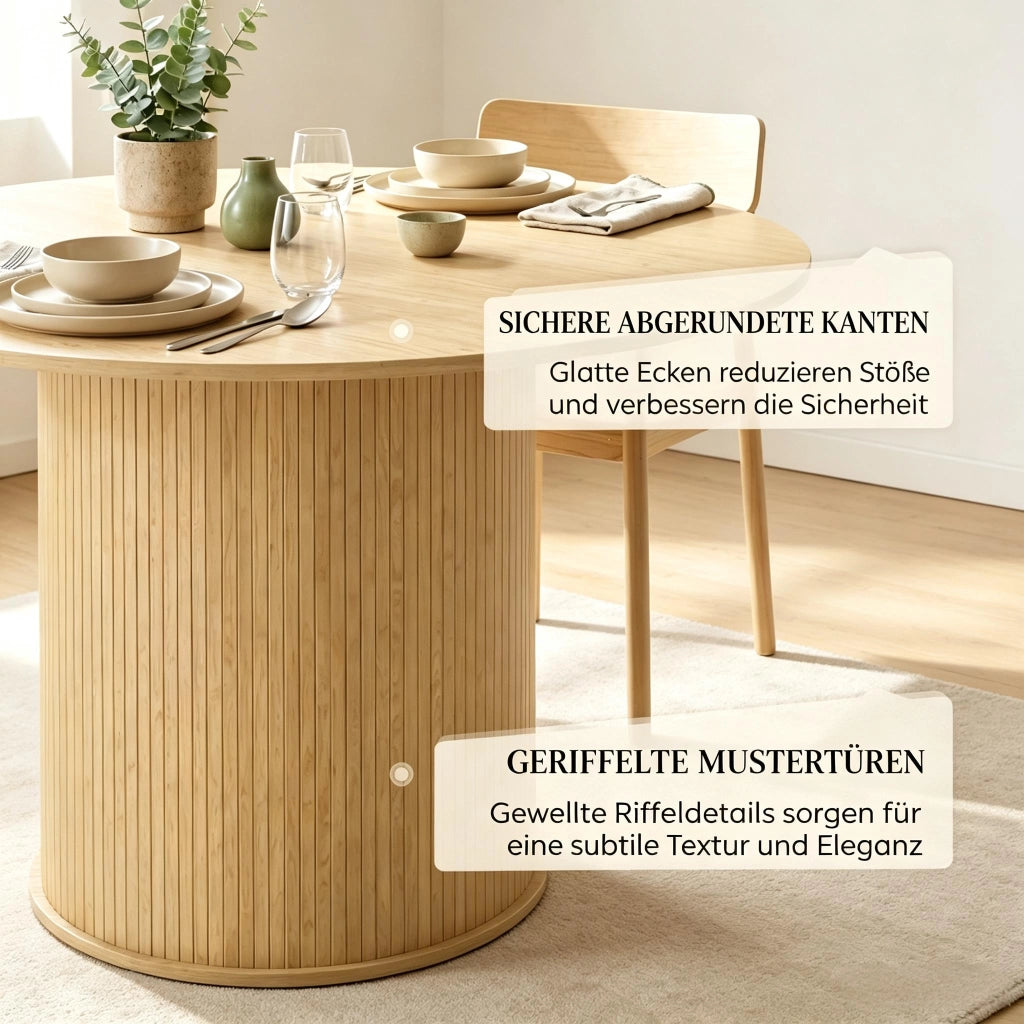 Tavolo da pranzo - rotondo per 4-6 persone - Ø120x75 cm - base cilindrica scanalata - effetto legno naturale