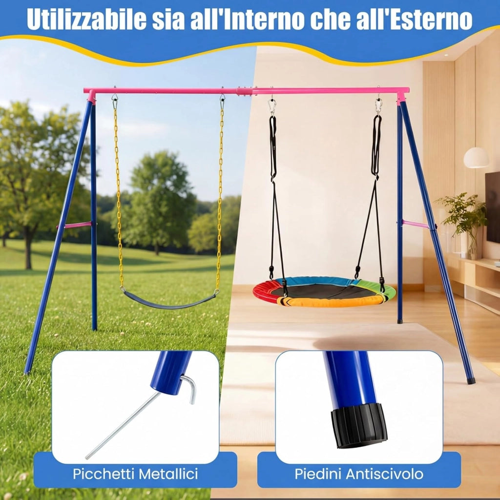 Set Altalena da Giardino per Bambini, Struttura di Metallo ad A con 1 Sedile in EVA Morbido e 1 Altalena Nido, Capacità 300 kg, Ideale per Giardino Parco Giochi (Rosso+Blu, Altalena+Supporto)