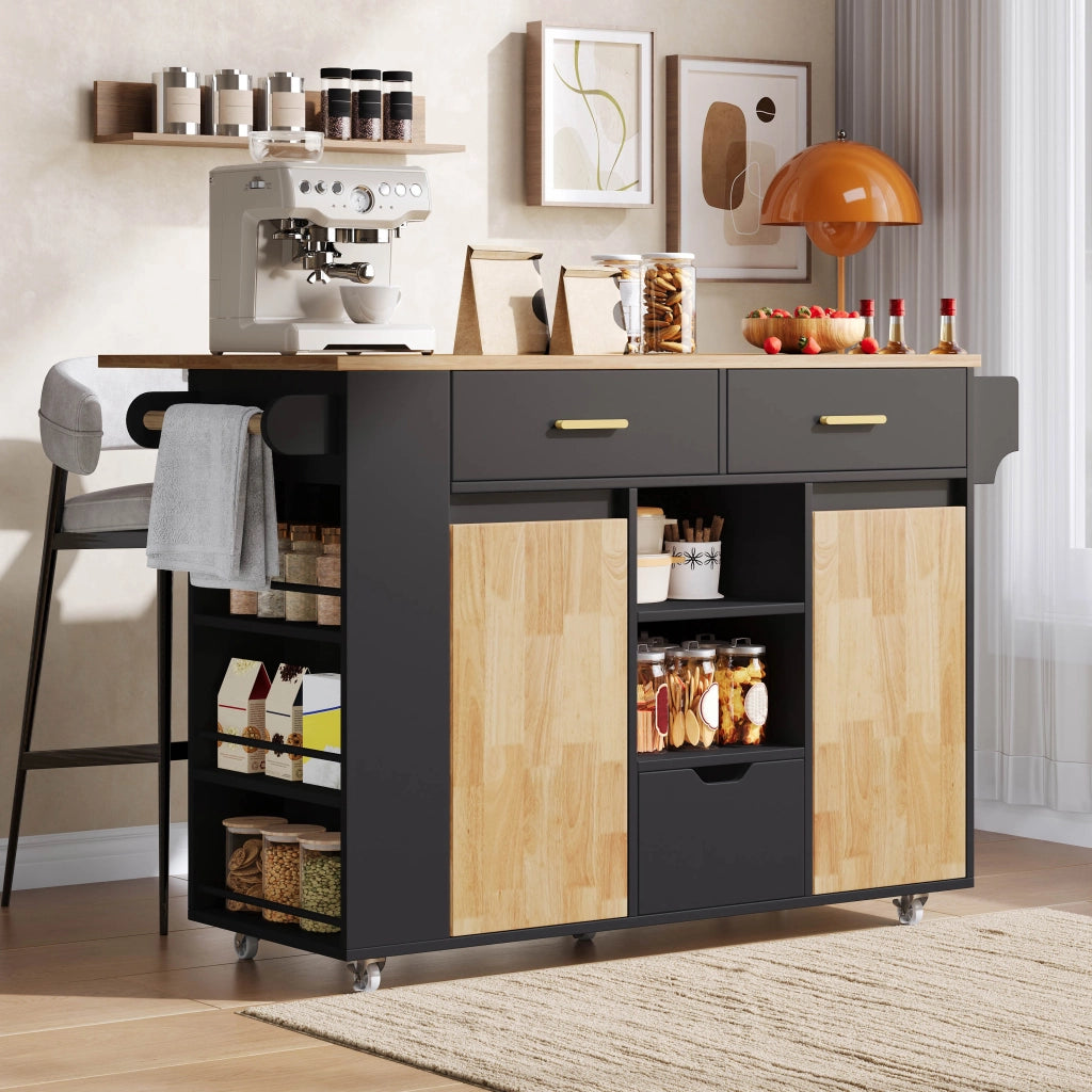 Mobile contenitore da cucina con 3 cassetti; ripiani e piano ribaltabile - nero naturale