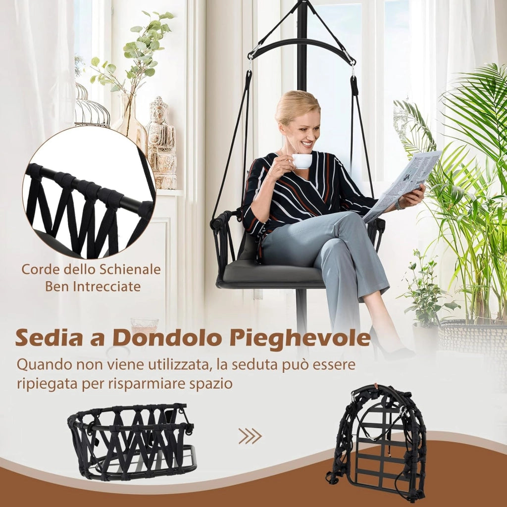 Sedia Sospesa Pieghevole con Supporto, Poltrona Sospesa Corda con Cuscini per Seduta e Schienale, Telaio in Metallo, Sedia Amaca per Interno, Esterno, Balcone e Giardino, Portata 150 kg