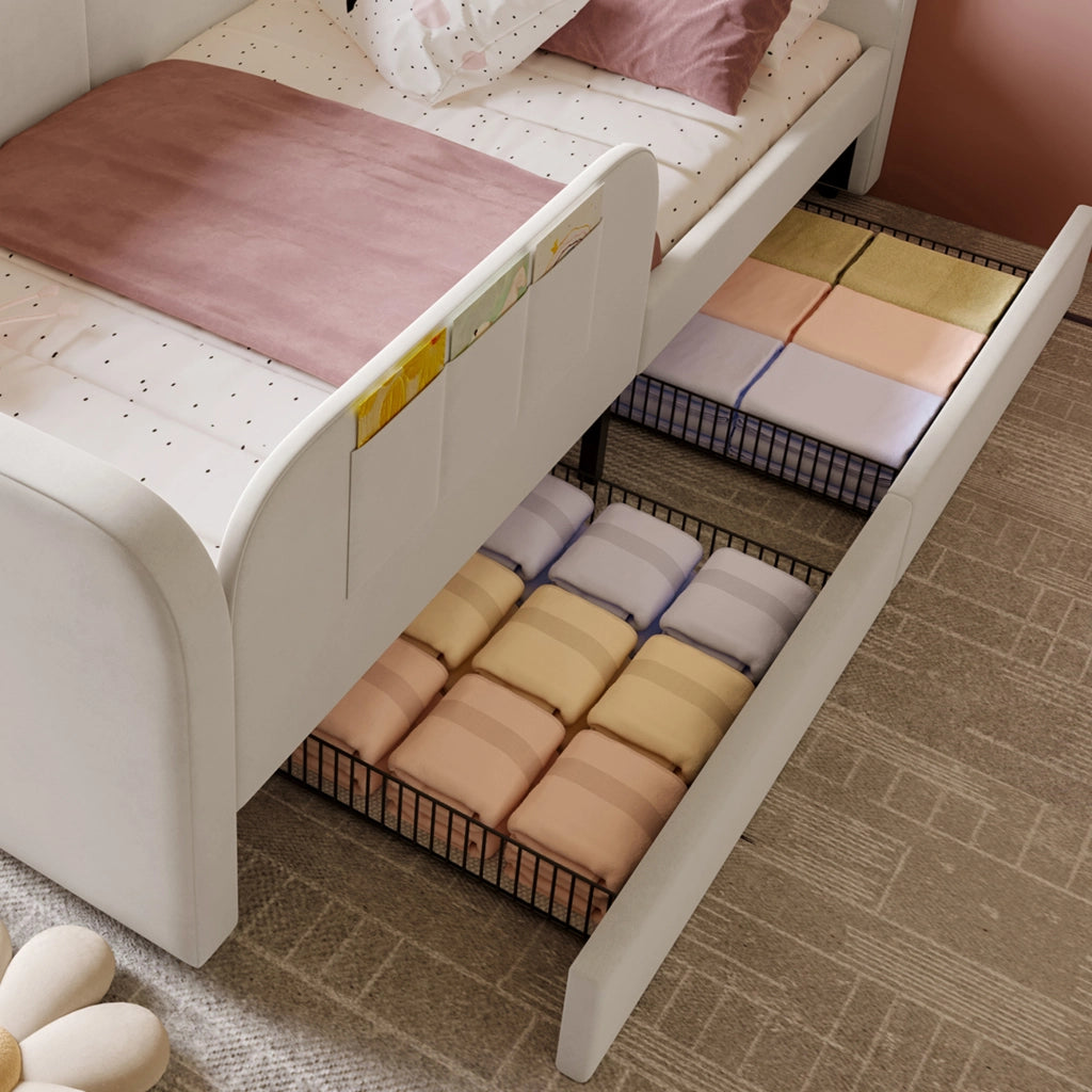 Letto a Divanetto 90x200 cm; Letto Singolo - 2 Cassetti e 3 Tasche - Velluto Bianco
