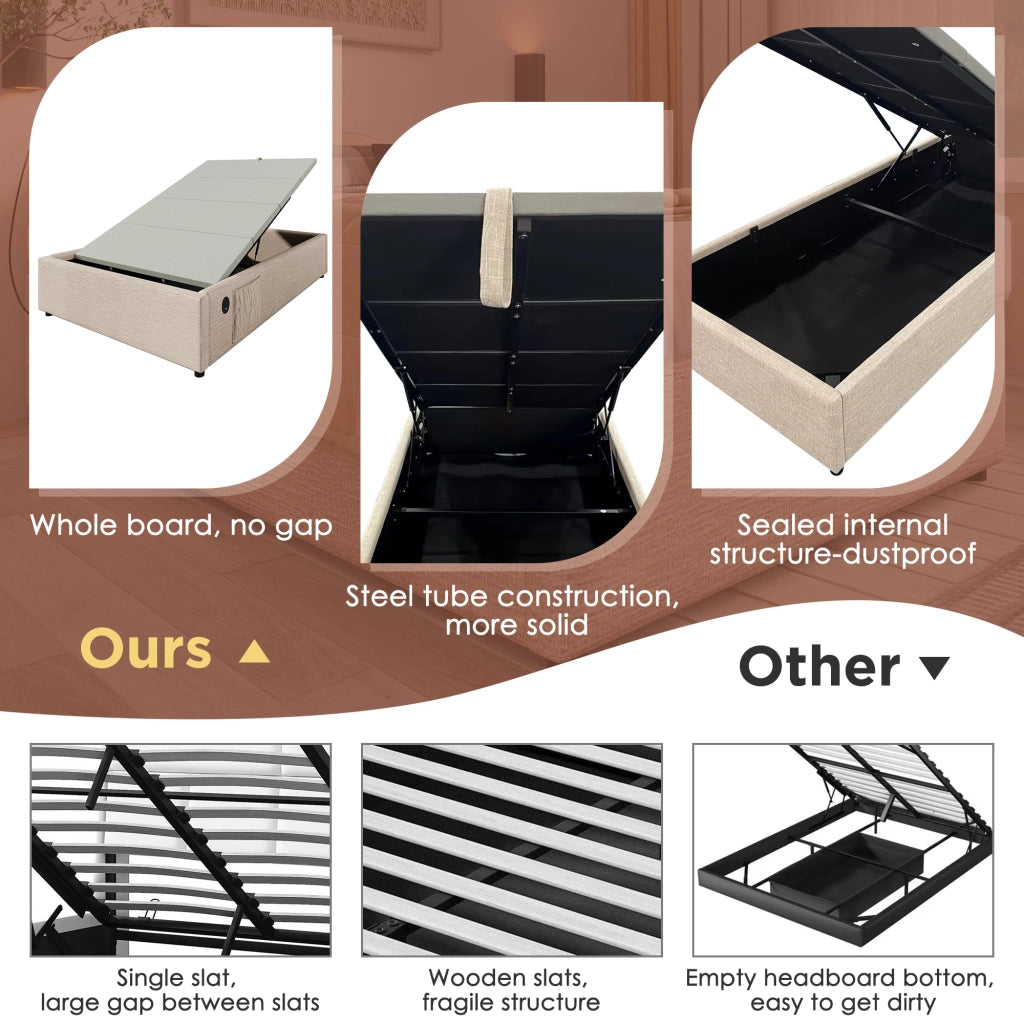 Letto Contenitore Letto Singolo; USB; USB-C e Tasca Laterale; 90 x 200 cm; senza Materasso; in Lino; Beige Naturale
