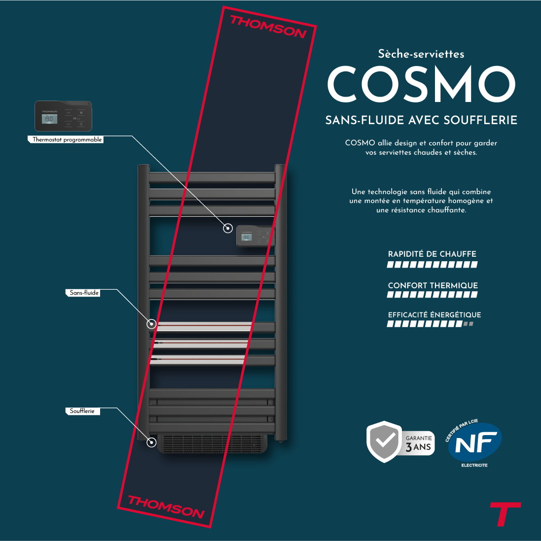 Scaldasalviette elettrico Thomson senza fluido, connesso WiFi, con ventilatore, 500 + 1000W, Cosmo nero