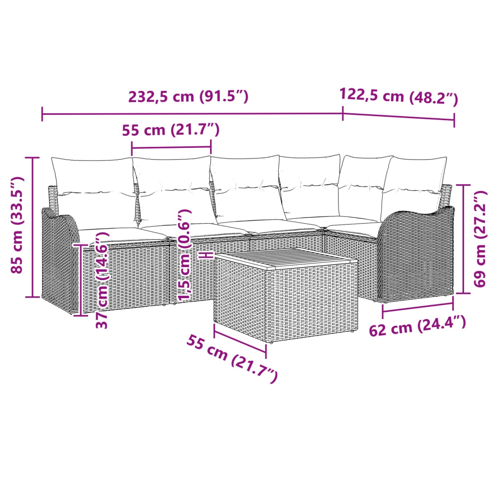Set divani giardino  6 pezzi con cuscini nero polyrattan acacia