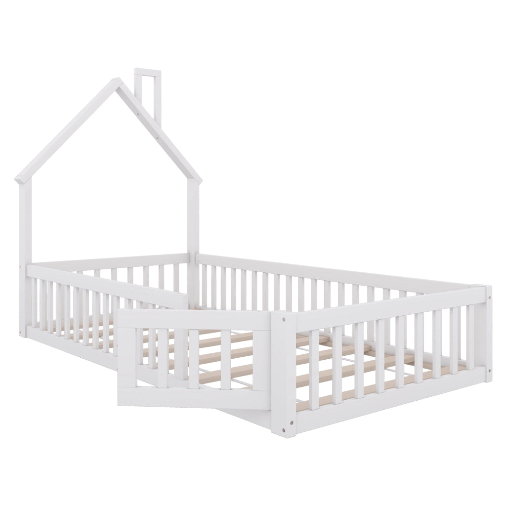 Letto a casetta con camino; recinzione di sicurezza e doghe; pino e MDF; bianco; 90x200 cm; senza materasso