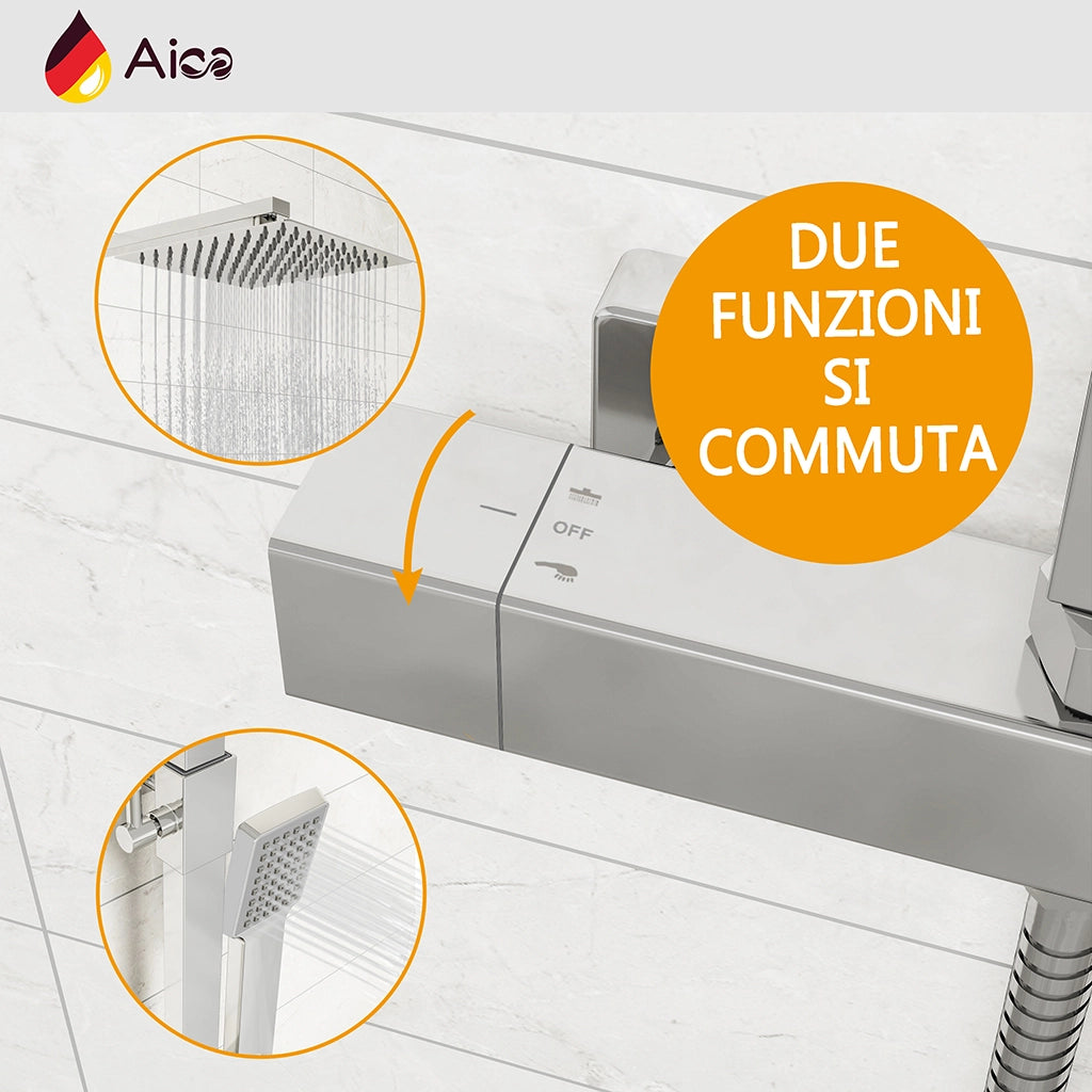 Grande soffione doccia inox 25x25cm, miscelatore termostatico doccia rettangolo 280x40mm, cromo
