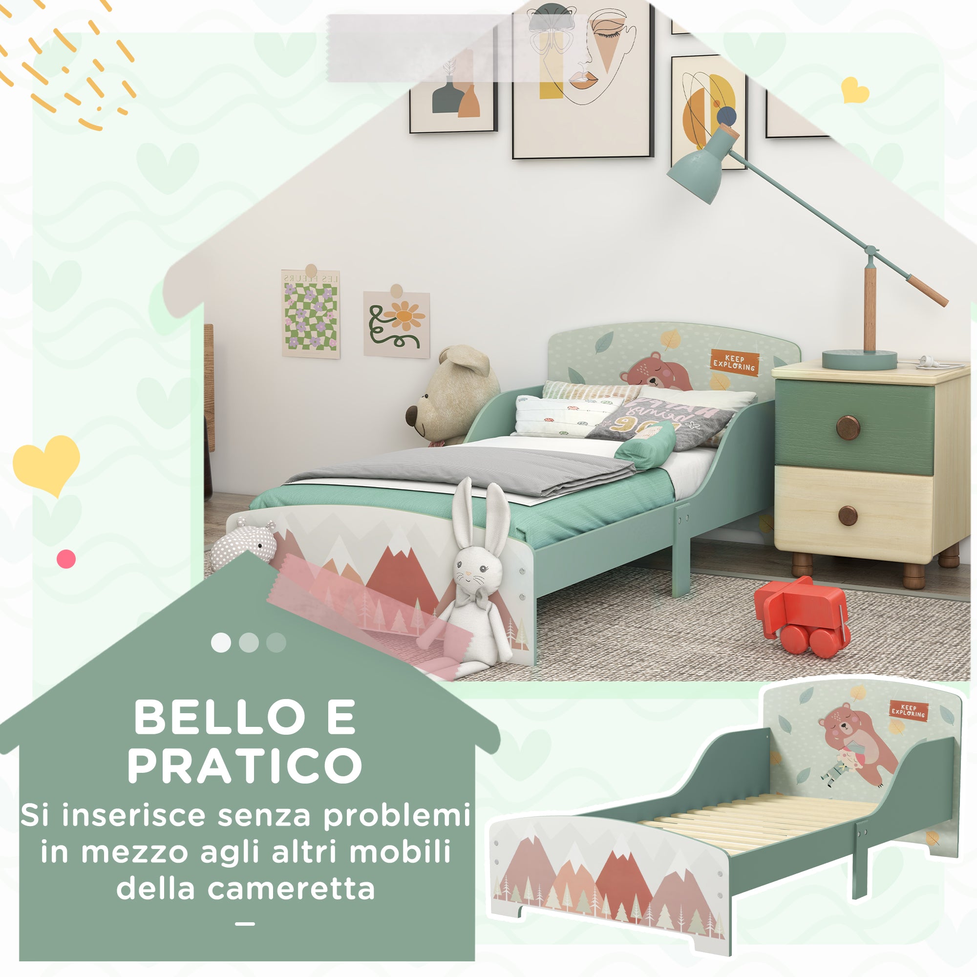 Struttura Letto Singolo per Bambini 77x143x60 cm con Bordi Rialzati e Doghe Verde