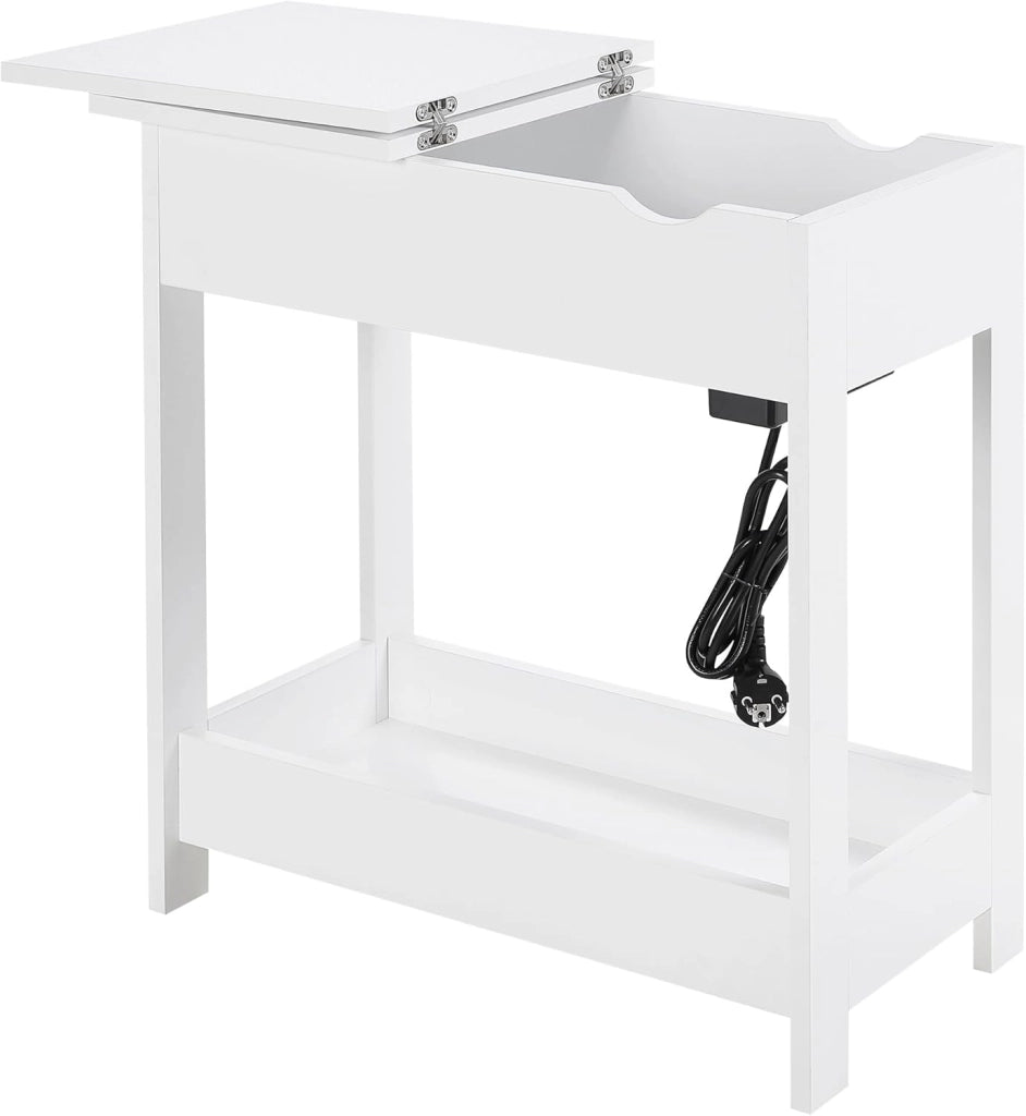 Tavolino da Salotto con Stazione di Ricarica, Tavolino a 3 Ripiani, Piano Pieghevole, 2 Porte USB e 2 Prese a 2 Fori, per Camera da Letto, Soggiorno, Cucina, Bianco