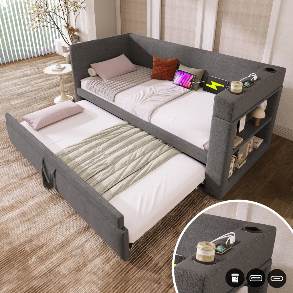DESMIU Divano letto 90 × 190 cm 2 posti con cassetti, USB e Type-C, portabicchieri, senza materasso, in cotone e lino, grigio