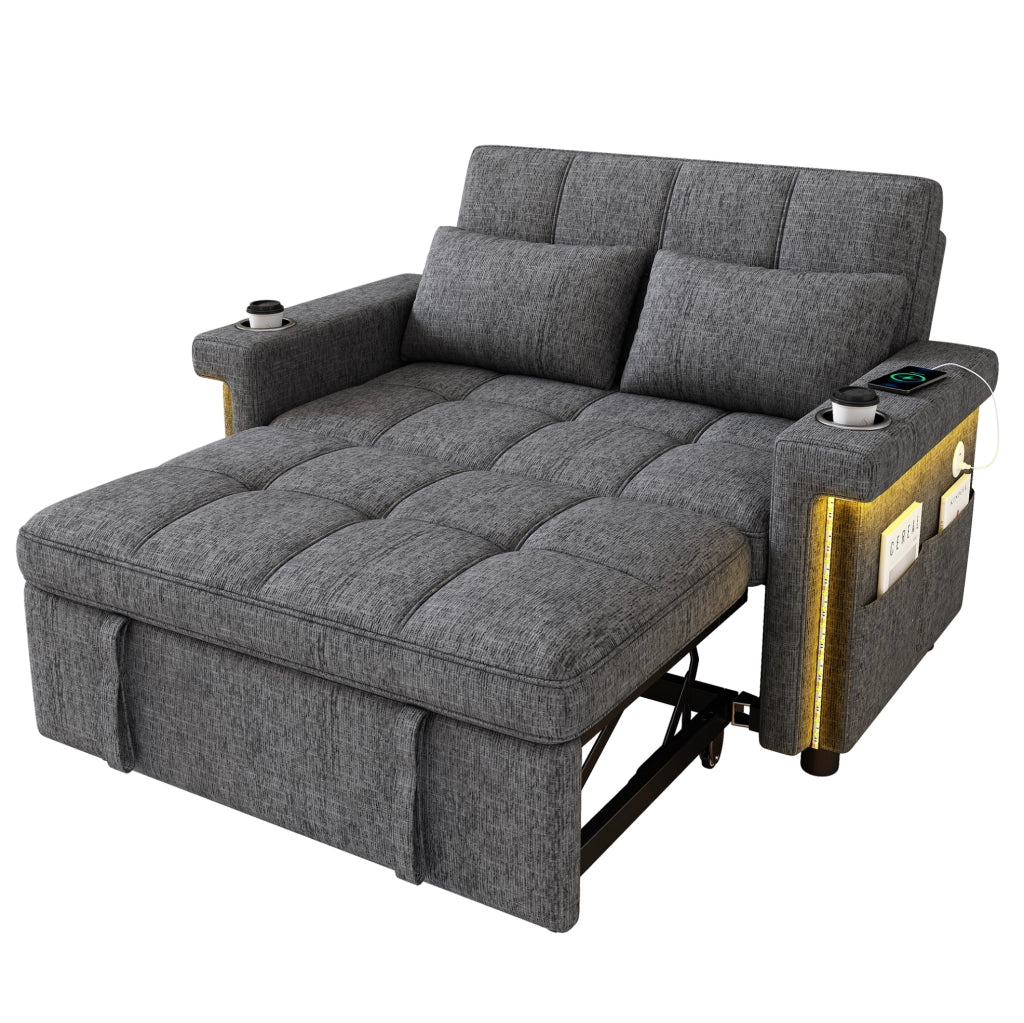 Divano letto 2 posti con LED; USB e Type-C; schienale regolabile; ciniglia grigio