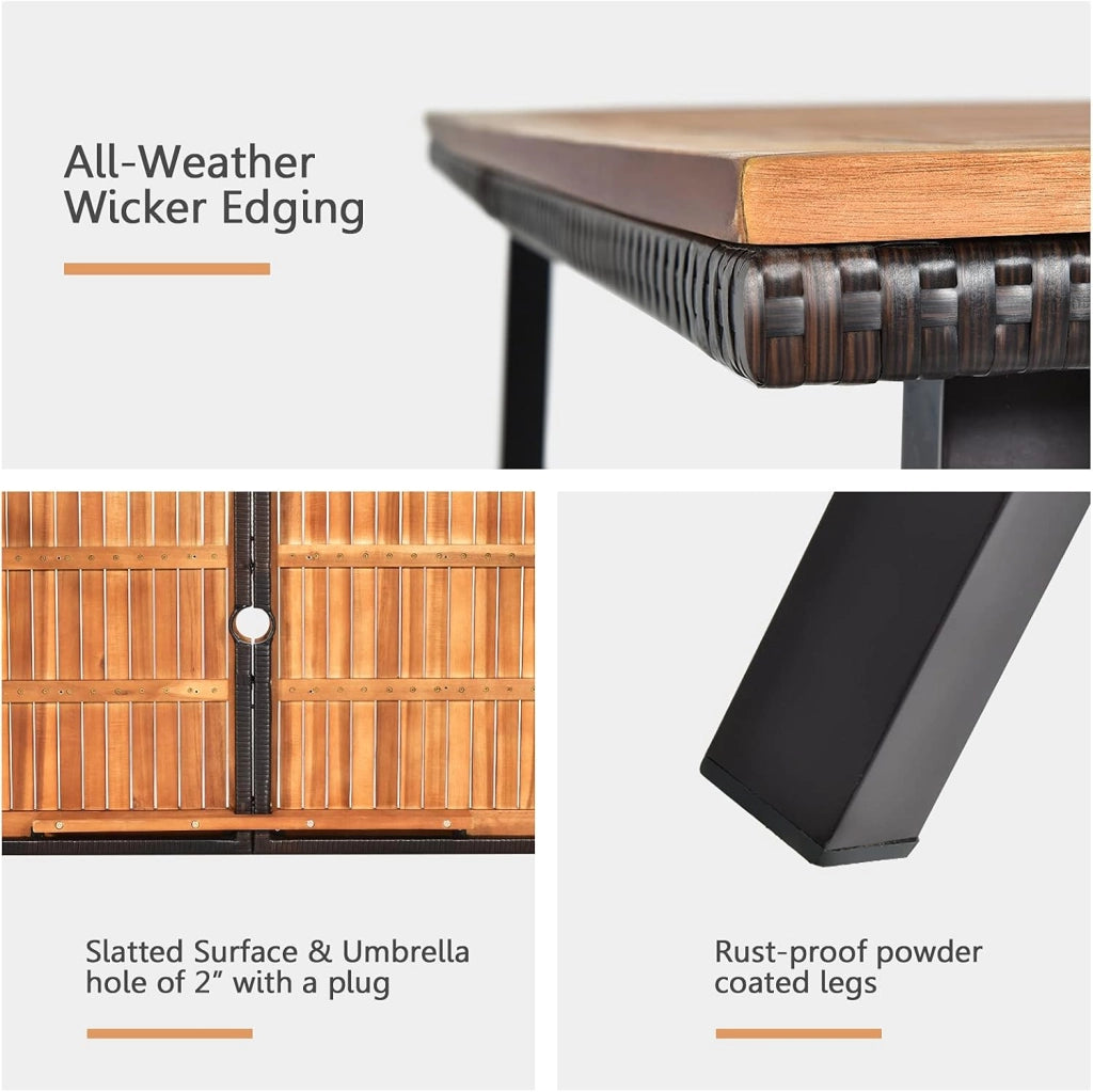Tavolo da Pranzo in Legno di Acacia Rettangolare, Tavolo da Giardino con Foro per Ombrellone in Design Industriale,140 x 75 x 76 cm