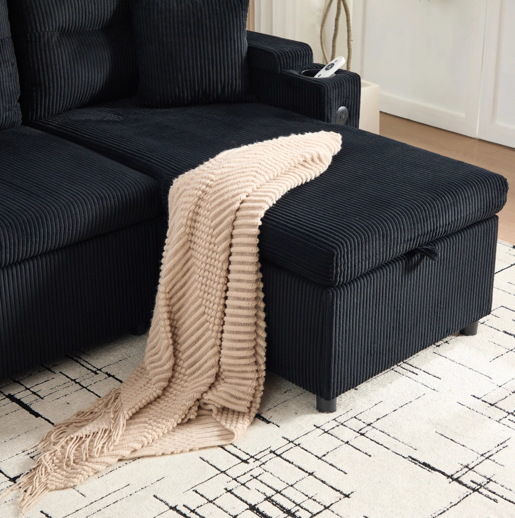 Divano 3 posti in tessuto corduroy nero con chaise longue idraulica; letto estraibile e USB-C