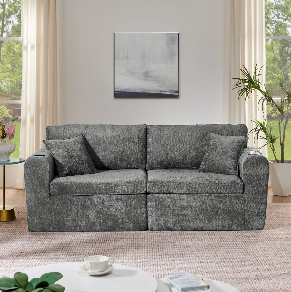 Divano relax a 2 posti con USB; tasche laterali e portabicchieri; 220x100x89 cm; grigio