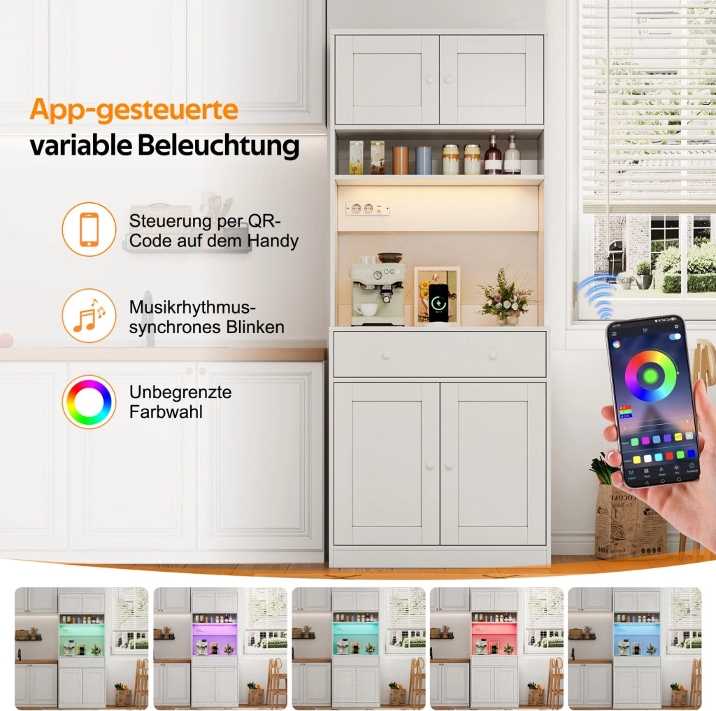 Credenza cucina multifunzione 72x40x180 cm con LED; prese USB e finitura bianca in MDF
