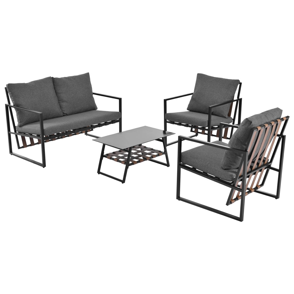 OKWISH Set da 4 mobili da giardino con divano, 2 poltrone, tavolino e cuscini, PVC e acciaio zincato Nero
