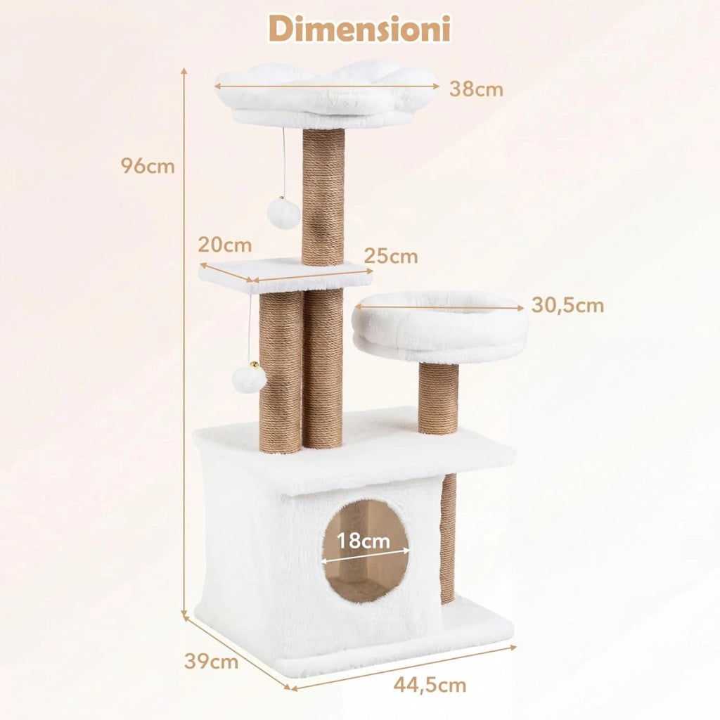Albero per Gatti, Alberi Tiragraffi Alta 96 cm con Poggiolo Imbottito a Forma di Fiore, Condo Accogliente & Letto per Gatti, 2 Palline con Campanelli Appese & Posti per Graffiare (Bianco)