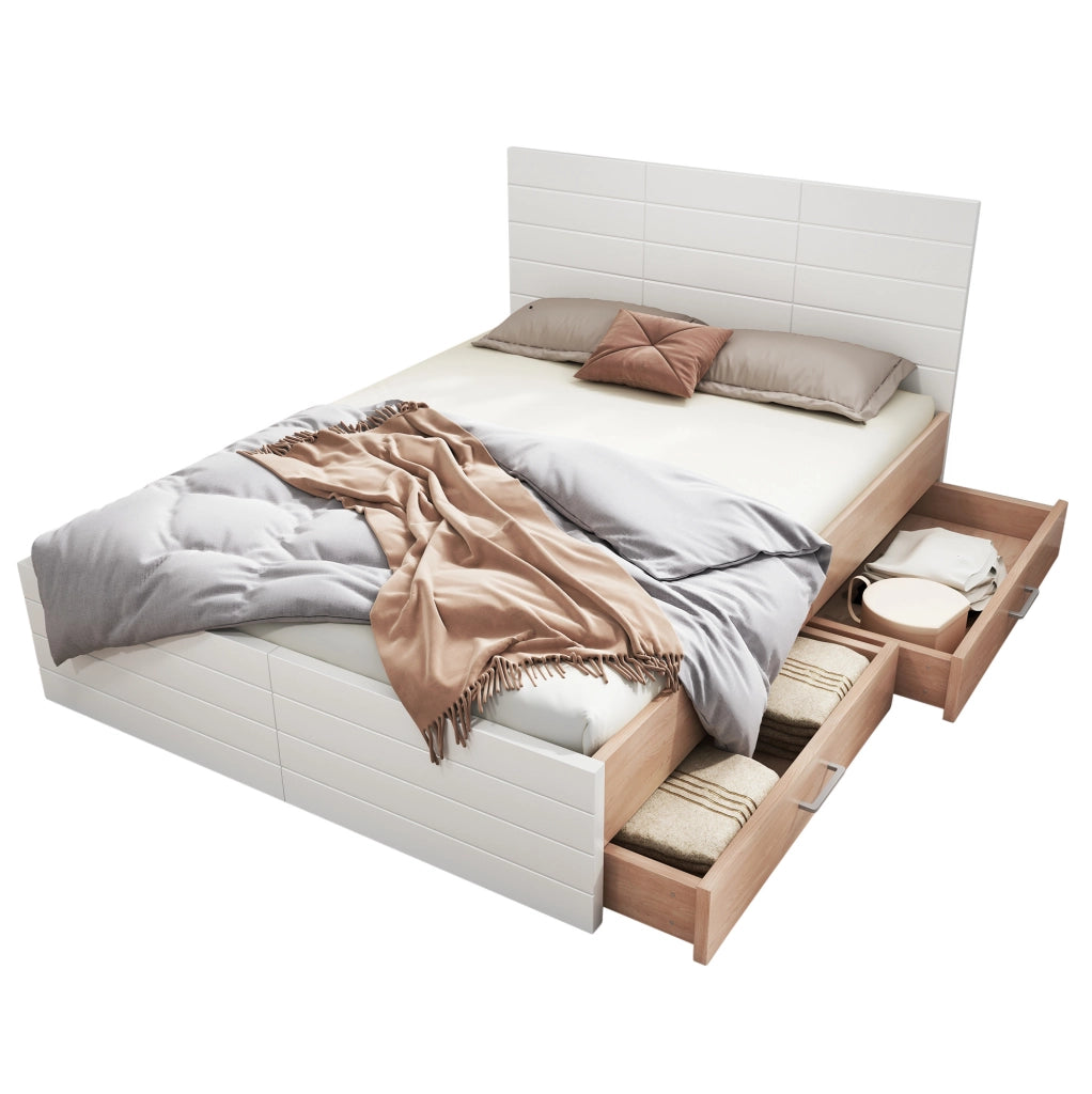 Letto 140x200 con 2 cassetti e rete a doghe bianco e rovere