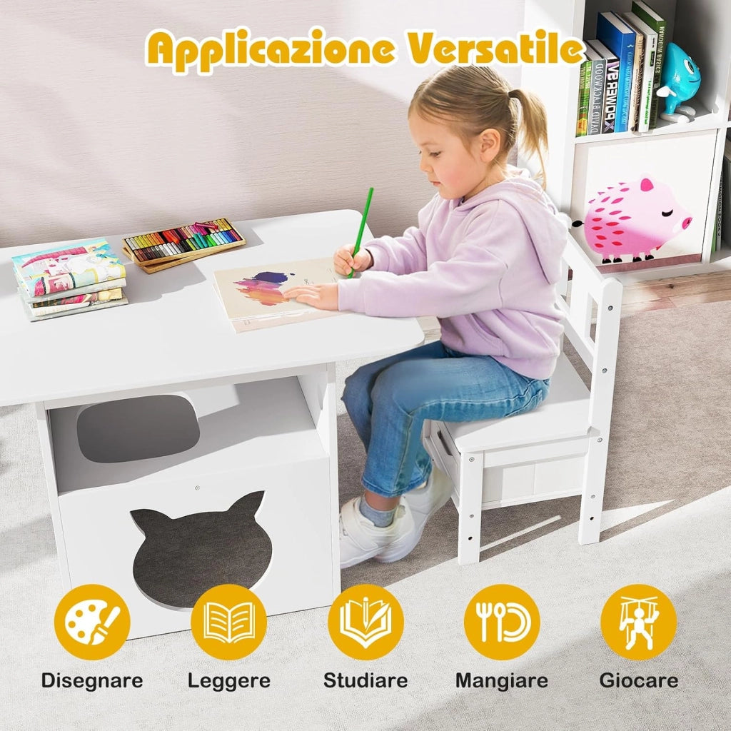 Tavole e Sedie per Bambini 3+ Anni, Tavolo in Legno con Casetta per Gatti, Buco per Gatti & Finestra Trasparente, 2 Sedie con Contenitori in Tessuto, Ideale per Disegnare e Studiare