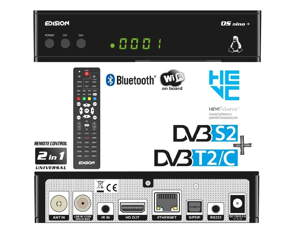 Edision Ricevitore Decoder Digitale Terrestre OS NINO+ DVB-S2 + DVB-T2/C T265+ EVEC