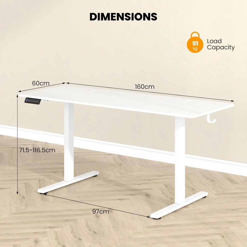 Scrivania da seduta in piedi elettrica 160 x 60 cm, scrivania regolabile in altezza 71,5 – 116,5 cm, sistema anti-collaudo, 2 ganci per appendere, fori per cavi, bianco