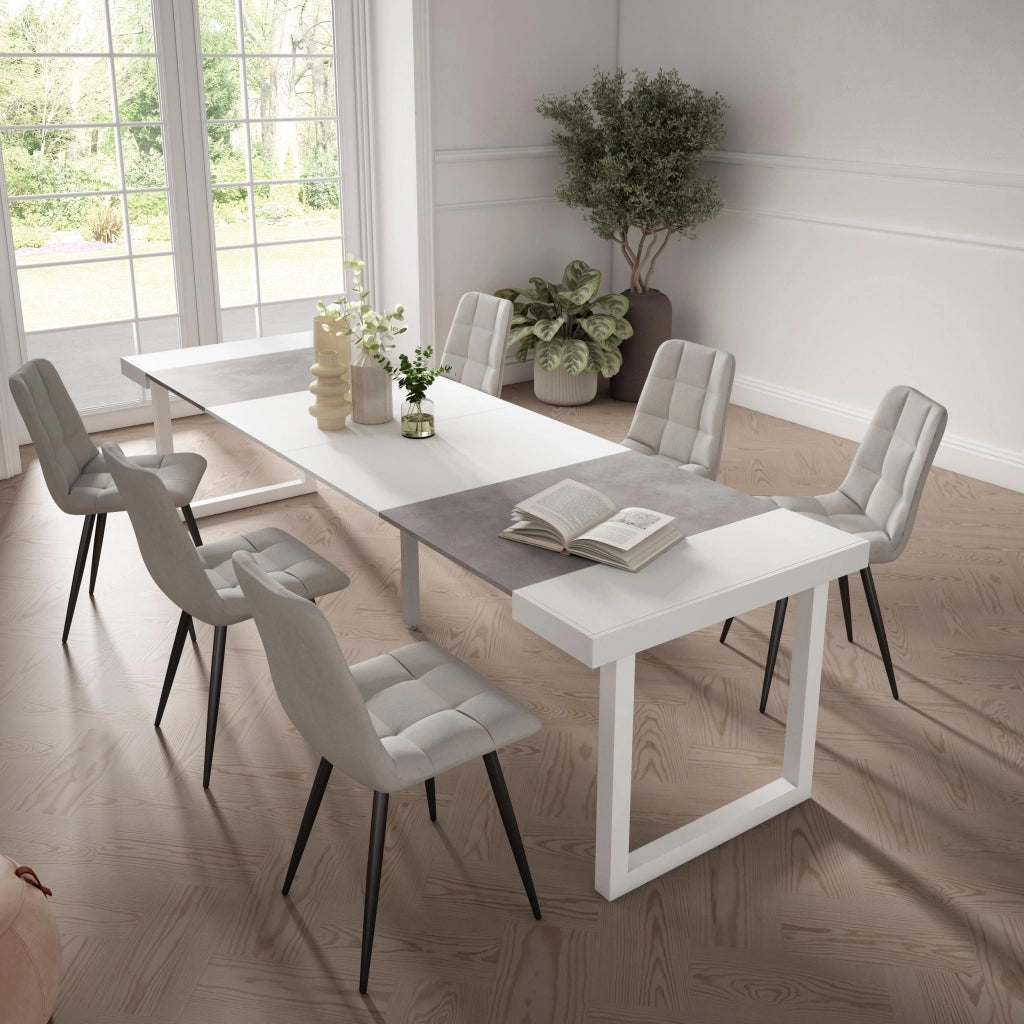 Consolle allungabile, 302x90x73cm, Per 14 persone, Gambe in legno, Bianco e grigio cemento RF2968